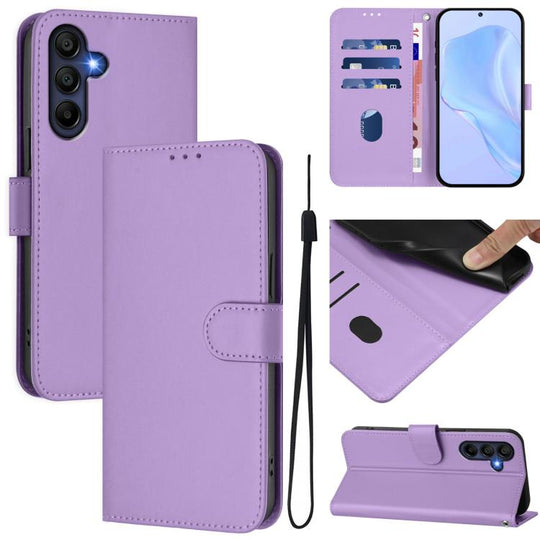 For Samsung Galaxy A17 5G Skin Feel Solid Color Leather Phone Case with Lanyard(Lavender Purple)