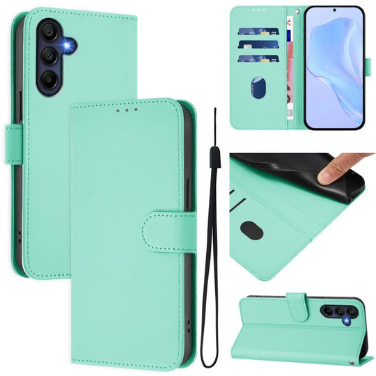 For Samsung Galaxy A17 5G Skin Feel Solid Color Leather Phone Case with Lanyard(Mint Green)