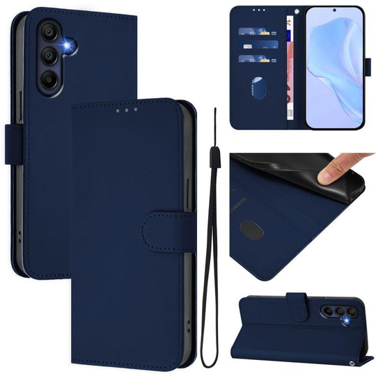 For Samsung Galaxy A17 5G Skin Feel Solid Color Leather Phone Case with Lanyard(Navy Blue)