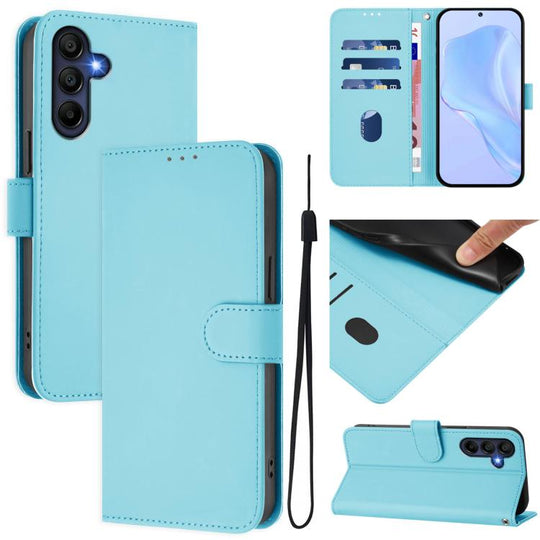 For Samsung Galaxy A17 5G Skin Feel Solid Color Leather Phone Case with Lanyard(Sky Blue)