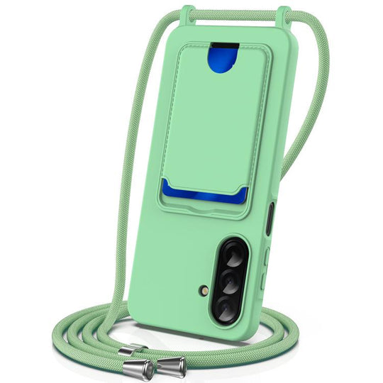 For Samsung Galaxy A57 5G Integrated Card Bag Solid Color Liquid Silicone Phone Case with Lanyard(Green)