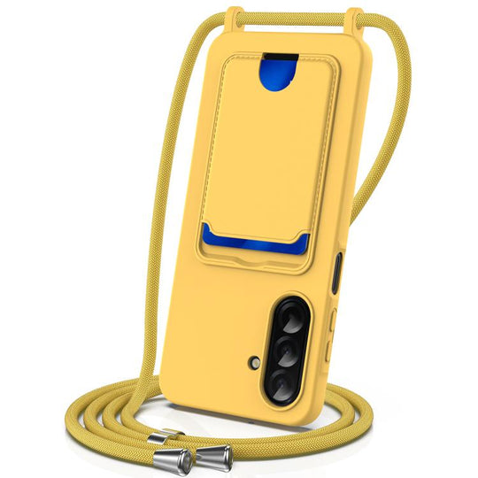 For Samsung Galaxy A57 5G Integrated Card Bag Solid Color Liquid Silicone Phone Case with Lanyard(Yellow)