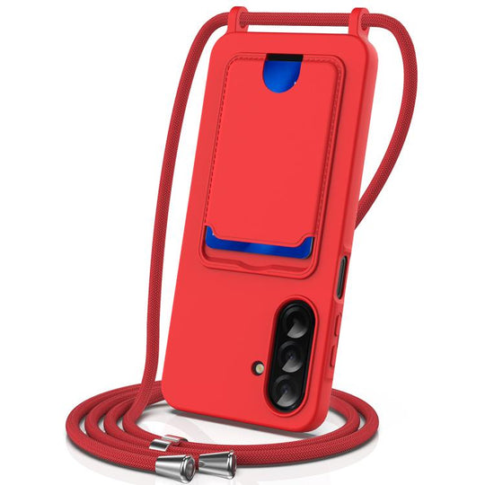 For Samsung Galaxy A37 5G Integrated Card Bag Solid Color Liquid Silicone Phone Case with Lanyard(Red)