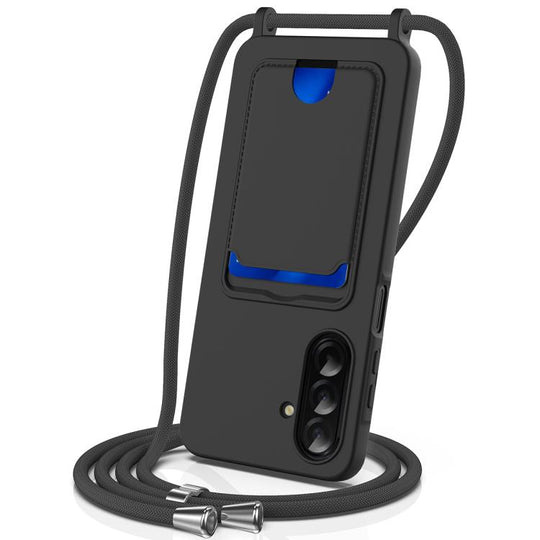 For Samsung Galaxy A37 5G Integrated Card Bag Solid Color Liquid Silicone Phone Case with Lanyard(Black)