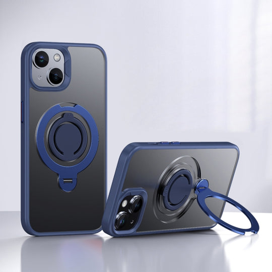 For iPhone 15 Frosted MagSafe Magnetic Rotating Ring Holder Phone Case(Blue)