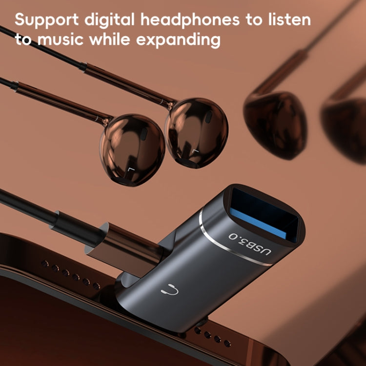 2 in 1 8 Pin to USB and Type-C Earphone Adapter(Black) - Earphone Adapter by buy2fix | Online Shopping UK | buy2fix