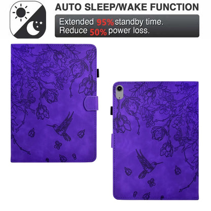 For iPad 2025 / 2022 Flowers and Bird Embossed Smart Leather Tablet Case(Purple) - iPad 2025 / 2022 Cases by buy2fix | Online Shopping UK | buy2fix