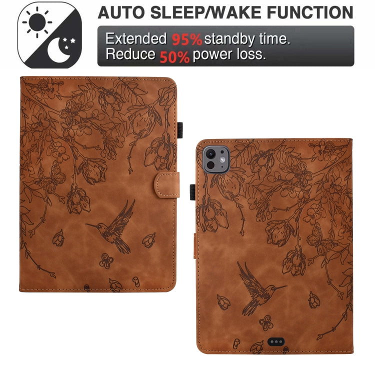 For iPad Air 11 2025 / 2024 / iPad Pro 11 Flowers and Bird Embossed Smart Leather Tablet Case(Brown) - iPad Air 11 2025 / 2024 Cases by buy2fix | Online Shopping UK | buy2fix