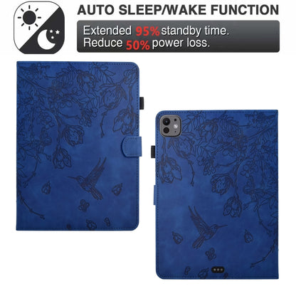 For iPad Air 11 2025 / 2024 / iPad Pro 11 Flowers and Bird Embossed Smart Leather Tablet Case(Dark Blue) - iPad Air 11 2025 / 2024 Cases by buy2fix | Online Shopping UK | buy2fix