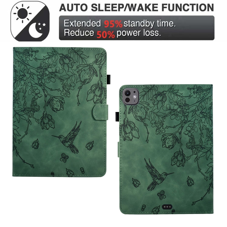 For iPad Air 11 2025 / 2024 / iPad Pro 11 Flowers and Bird Embossed Smart Leather Tablet Case(Green) - iPad Air 11 2025 / 2024 Cases by buy2fix | Online Shopping UK | buy2fix