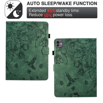 For iPad Air 11 2025 / 2024 / iPad Pro 11 Flowers and Bird Embossed Smart Leather Tablet Case(Green) - iPad Air 11 2025 / 2024 Cases by buy2fix | Online Shopping UK | buy2fix