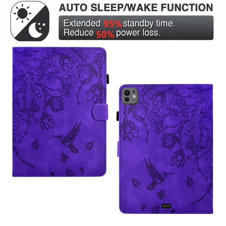 For iPad Pro 11 2024 Flowers and Bird Embossed Smart Leather Tablet Case(Purple) - iPad Pro 11 2024 Cases by buy2fix | Online Shopping UK | buy2fix
