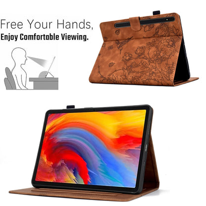 For Samsung Galaxy Tab S7 / S8 Flowers and Bird Embossed Smart Leather Tablet Case(Brown) by buy2fix