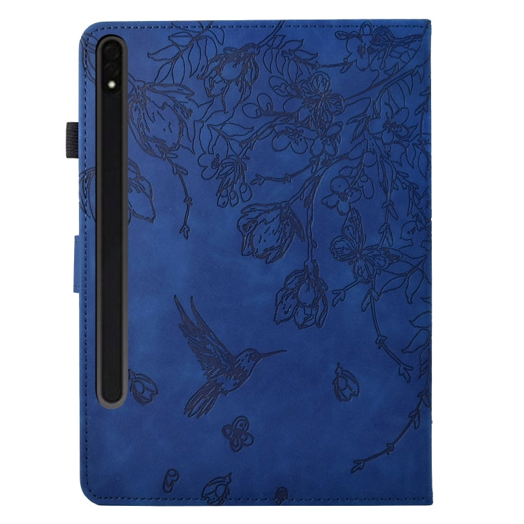 For Samsung Galaxy Tab S7 / S8 Flowers and Bird Embossed Smart Leather Tablet Case(Dark Blue) by buy2fix