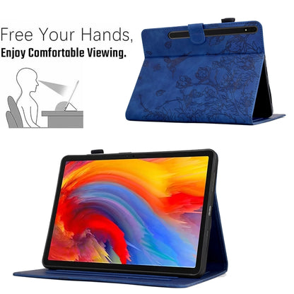 For Samsung Galaxy Tab S7 / S8 Flowers and Bird Embossed Smart Leather Tablet Case(Dark Blue) by buy2fix