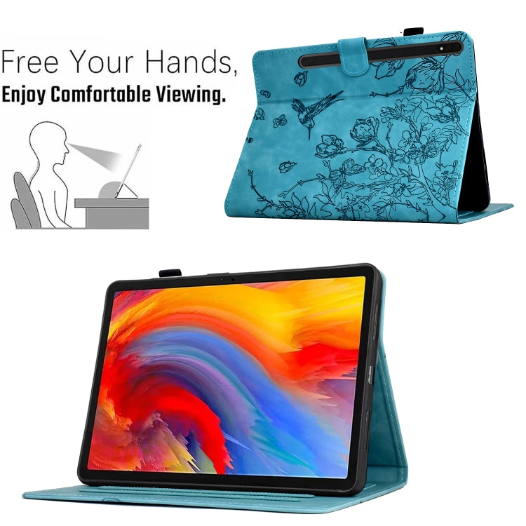 For Samsung Galaxy Tab S7 / S8 Flowers and Bird Embossed Smart Leather Tablet Case(Light Blue) by buy2fix