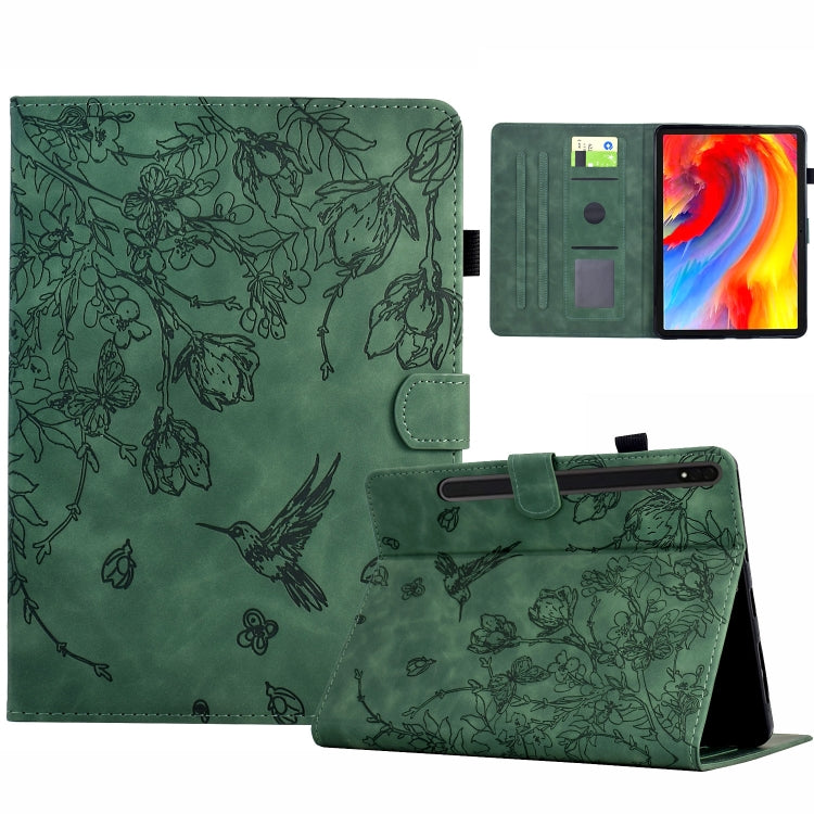 For Samsung Galaxy Tab S7 / S8 Flowers and Bird Embossed Smart Leather Tablet Case(Green) by buy2fix