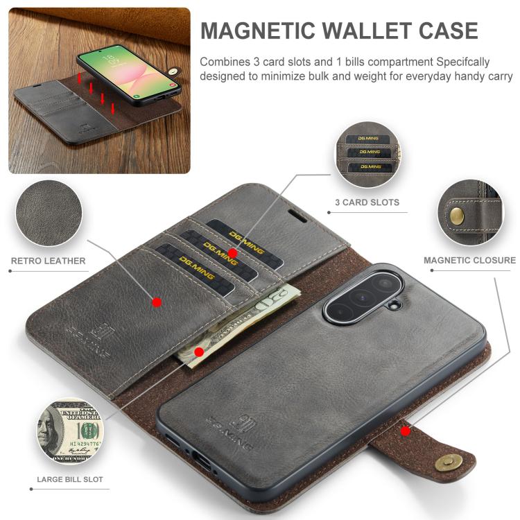 For Samsung Galaxy A56 5G DG.MING Crazy Horse Texture Detachable Magnetic Leather Case(Grey) - Galaxy Phone Cases by DG.MING | Online Shopping UK | buy2fix