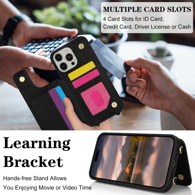 For iPhone 15 Pro Max Double Bckle Card Slot Full Coverage Phone Case with Cross-body Strap(Black) - iPhone 15 Pro Max Cases by buy2fix | Online Shopping UK | buy2fix