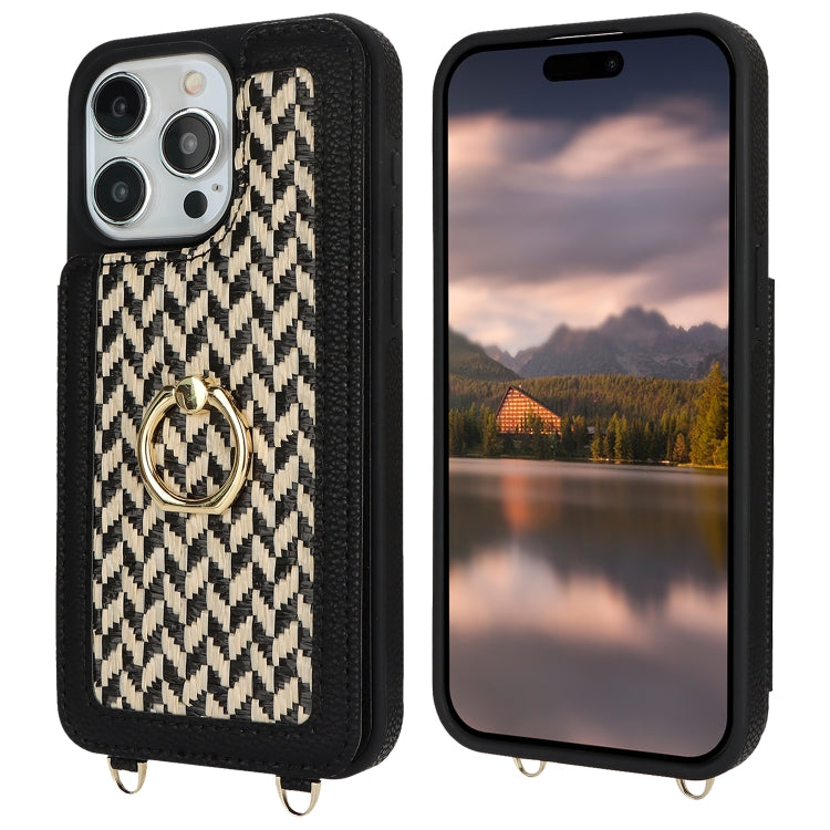 For iPhone 15 Pro Double Bckle Card Slot Full Coverage Phone Case with Cross-body Strap(Black) - iPhone 15 Pro Cases by buy2fix | Online Shopping UK | buy2fix