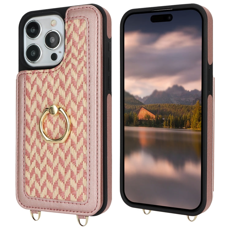 For iPhone 15 Pro Double Bckle Card Slot Full Coverage Phone Case with Cross-body Strap(Rose Gold) - iPhone 15 Pro Cases by buy2fix | Online Shopping UK | buy2fix