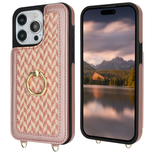 For iPhone 15 Pro Double Bckle Card Slot Full Coverage Phone Case with Cross-body Strap(Rose Gold) - iPhone 15 Pro Cases by buy2fix | Online Shopping UK | buy2fix