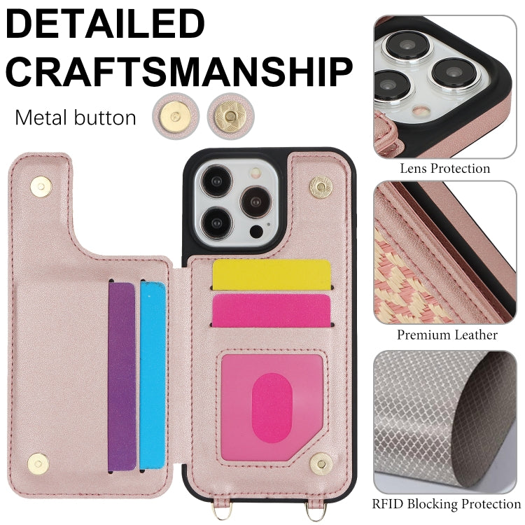 For iPhone 15 Pro Double Bckle Card Slot Full Coverage Phone Case with Cross-body Strap(Rose Gold) - iPhone 15 Pro Cases by buy2fix | Online Shopping UK | buy2fix