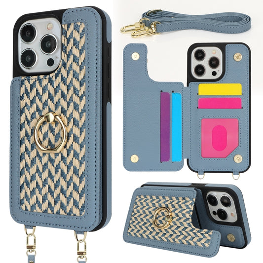 For iPhone 15 Pro Double Bckle Card Slot Full Coverage Phone Case with Cross-body Strap(Blue) - iPhone 15 Pro Cases by buy2fix | Online Shopping UK | buy2fix
