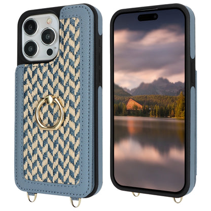 For iPhone 15 Pro Double Bckle Card Slot Full Coverage Phone Case with Cross-body Strap(Blue) - iPhone 15 Pro Cases by buy2fix | Online Shopping UK | buy2fix