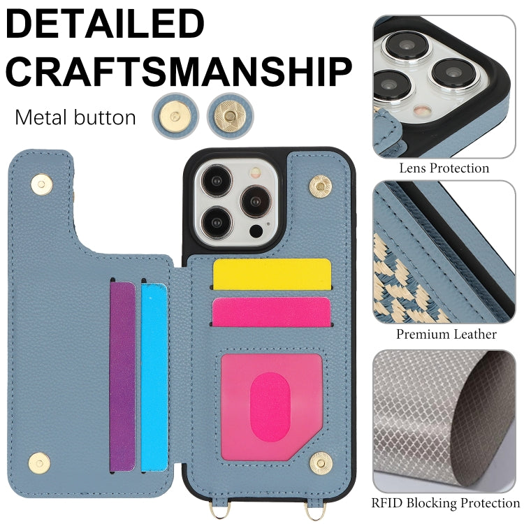 For iPhone 15 Pro Double Bckle Card Slot Full Coverage Phone Case with Cross-body Strap(Blue) - iPhone 15 Pro Cases by buy2fix | Online Shopping UK | buy2fix