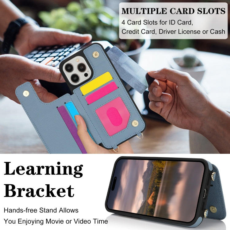 For iPhone 15 Pro Double Bckle Card Slot Full Coverage Phone Case with Cross-body Strap(Blue) - iPhone 15 Pro Cases by buy2fix | Online Shopping UK | buy2fix