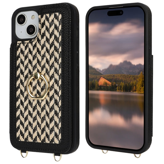 For iPhone 15 Double Bckle Card Slot Full Coverage Phone Case with Cross-body Strap(Black) - iPhone 15 Cases by buy2fix | Online Shopping UK | buy2fix