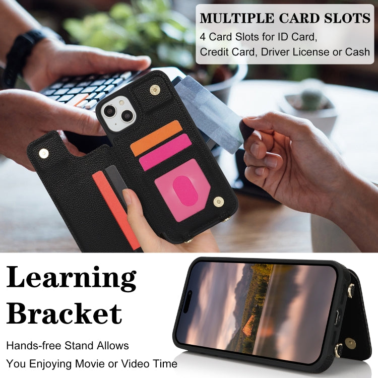 For iPhone 15 Double Bckle Card Slot Full Coverage Phone Case with Cross-body Strap(Black) - iPhone 15 Cases by buy2fix | Online Shopping UK | buy2fix