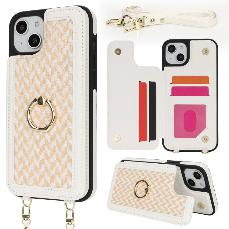 For iPhone 15 Double Bckle Card Slot Full Coverage Phone Case with Cross-body Strap(White) - iPhone 15 Cases by buy2fix | Online Shopping UK | buy2fix
