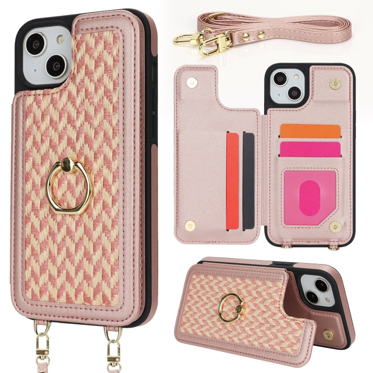 For iPhone 15 Double Bckle Card Slot Full Coverage Phone Case with Cross-body Strap(Rose Gold) - iPhone 15 Cases by buy2fix | Online Shopping UK | buy2fix