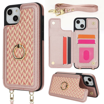 For iPhone 15 Double Bckle Card Slot Full Coverage Phone Case with Cross-body Strap(Rose Gold) - iPhone 15 Cases by buy2fix | Online Shopping UK | buy2fix