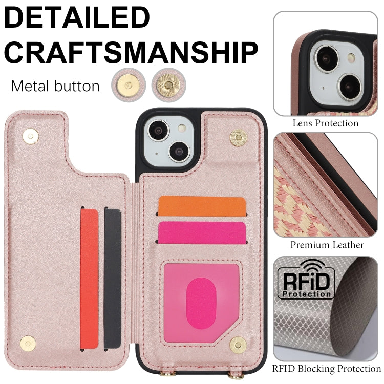 For iPhone 15 Double Bckle Card Slot Full Coverage Phone Case with Cross-body Strap(Rose Gold) - iPhone 15 Cases by buy2fix | Online Shopping UK | buy2fix