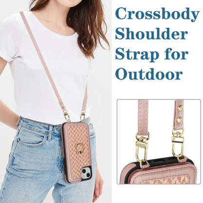 For iPhone 15 Double Bckle Card Slot Full Coverage Phone Case with Cross-body Strap(Rose Gold) - iPhone 15 Cases by buy2fix | Online Shopping UK | buy2fix