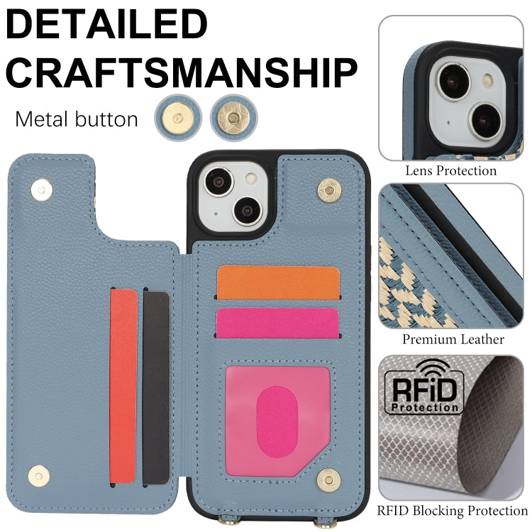 For iPhone 15 Double Bckle Card Slot Full Coverage Phone Case with Cross-body Strap(Blue) - iPhone 15 Cases by buy2fix | Online Shopping UK | buy2fix