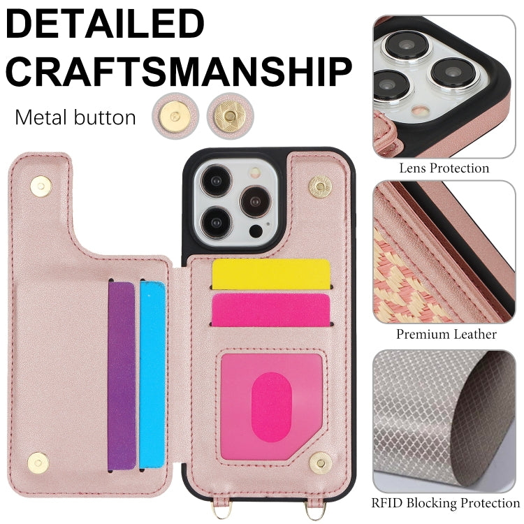 For iPhone 14 Pro Max Double Bckle Card Slot Full Coverage Phone Case with Cross-body Strap(Rose Gold) - iPhone 14 Pro Max Cases by buy2fix | Online Shopping UK | buy2fix