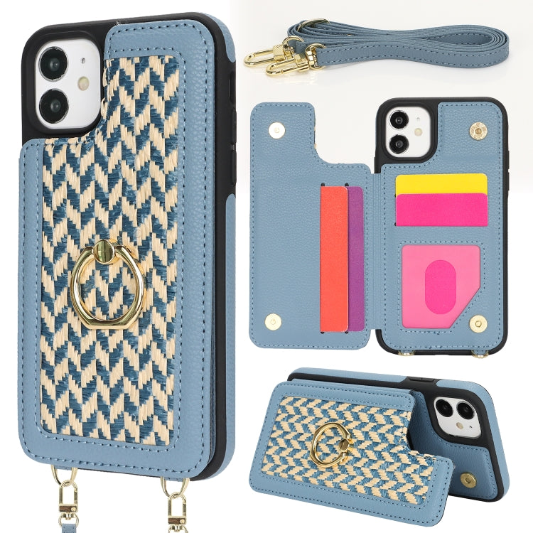 For iPhone 12 Double Bckle Card Slot Full Coverage Phone Case with Cross-body Strap(Blue) - iPhone 12 / 12 Pro Cases by buy2fix | Online Shopping UK | buy2fix