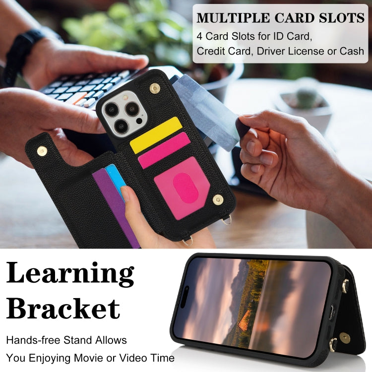 For iPhone 12 Pro Max Double Bckle Card Slot Full Coverage Phone Case with Cross-body Strap(Black) - iPhone 12 Pro Max Cases by buy2fix | Online Shopping UK | buy2fix