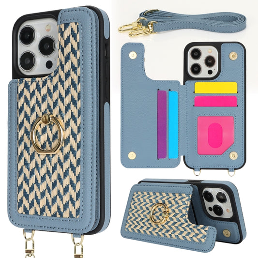 For iPhone 12 Pro Max Double Bckle Card Slot Full Coverage Phone Case with Cross-body Strap(Blue) - iPhone 12 Pro Max Cases by buy2fix | Online Shopping UK | buy2fix