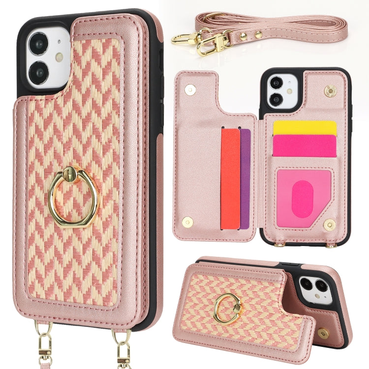For iPhone 11 Double Bckle Card Slot Full Coverage Phone Case with Cross-body Strap(Rose Gold) - iPhone 11 Cases by buy2fix | Online Shopping UK | buy2fix