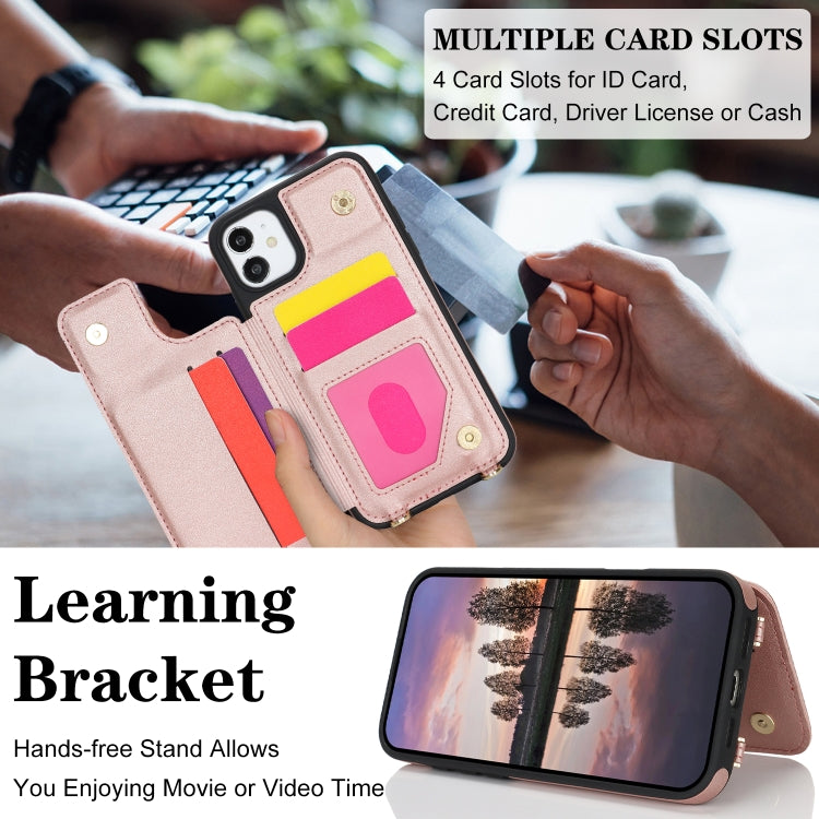For iPhone 11 Double Bckle Card Slot Full Coverage Phone Case with Cross-body Strap(Rose Gold) - iPhone 11 Cases by buy2fix | Online Shopping UK | buy2fix