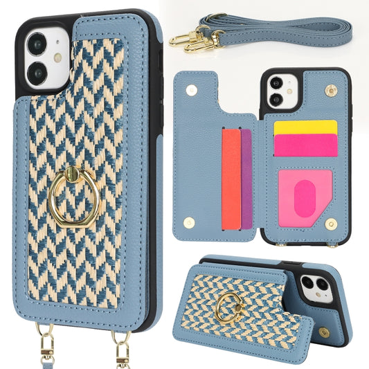 For iPhone 11 Double Bckle Card Slot Full Coverage Phone Case with Cross-body Strap(Blue) - iPhone 11 Cases by buy2fix | Online Shopping UK | buy2fix