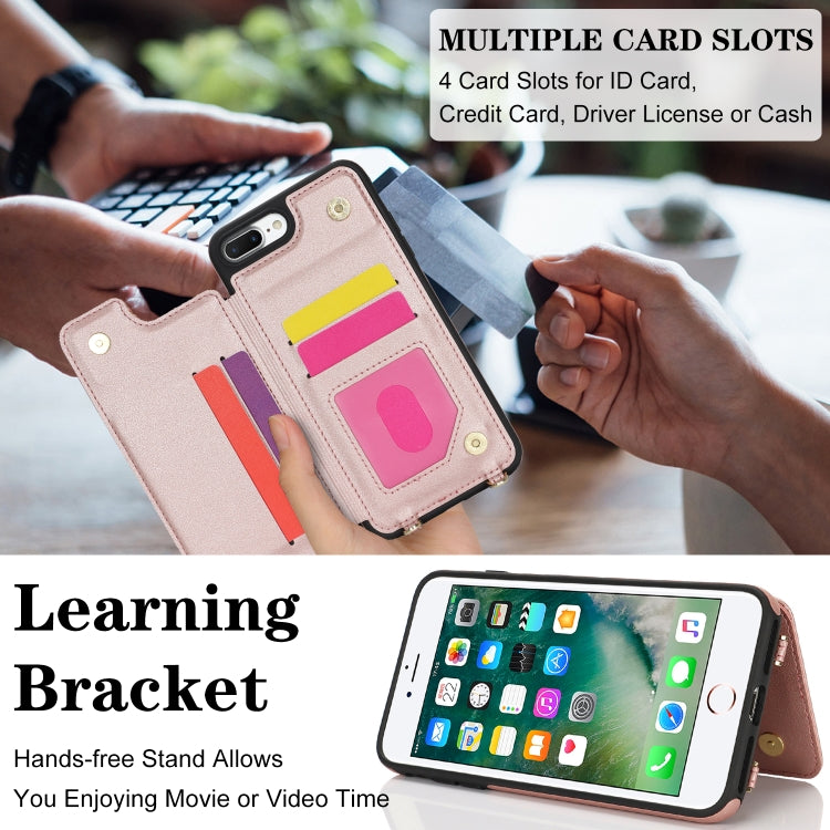 For iPhone 7 Plus / 8 Plus Double Bckle Card Slot Full Coverage Phone Case with Cross-body Strap(Rose Gold) - More iPhone Cases by buy2fix | Online Shopping UK | buy2fix