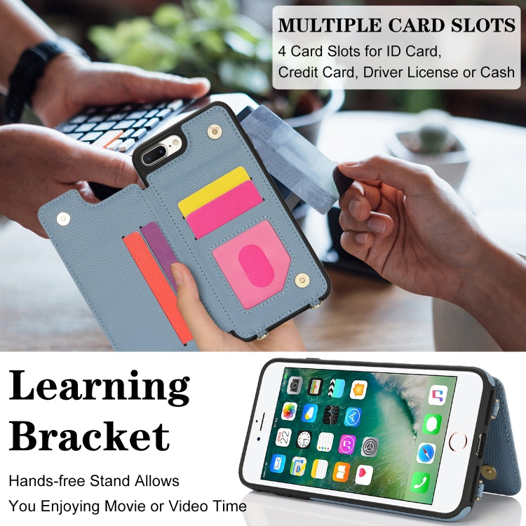 For iPhone 7 Plus / 8 Plus Double Bckle Card Slot Full Coverage Phone Case with Cross-body Strap(Blue) - More iPhone Cases by buy2fix | Online Shopping UK | buy2fix