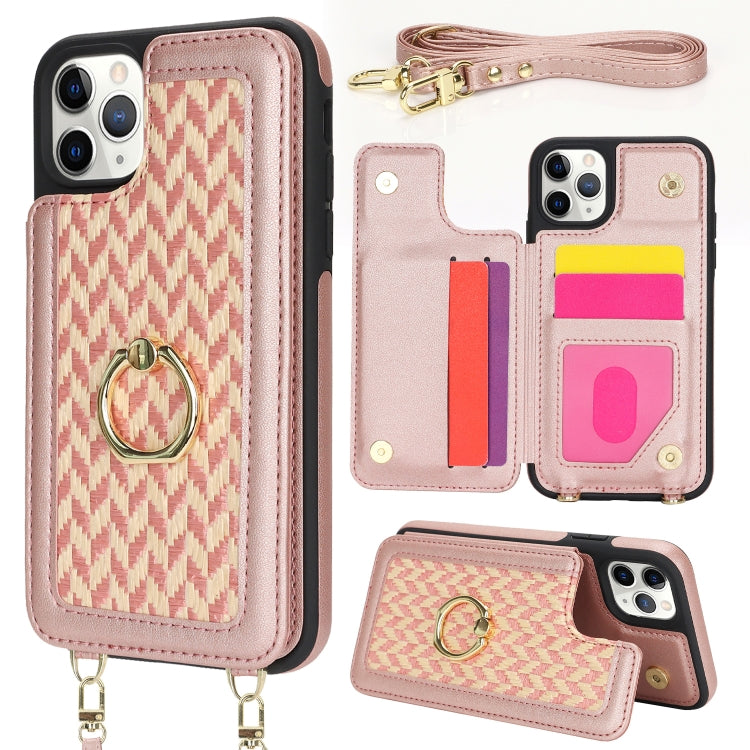 For iPhone 11 Pro Double Bckle Card Slot Full Coverage Phone Case with Cross-body Strap(Rose Gold) - iPhone 11 Pro Cases by buy2fix | Online Shopping UK | buy2fix