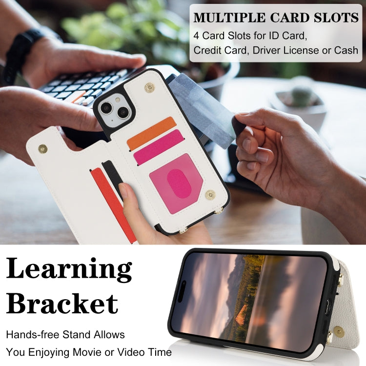 For iPhone 13 / 14 Double Bckle Card Slot Full Coverage Phone Case with Cross-body Strap(White) - iPhone 13 Cases by buy2fix | Online Shopping UK | buy2fix